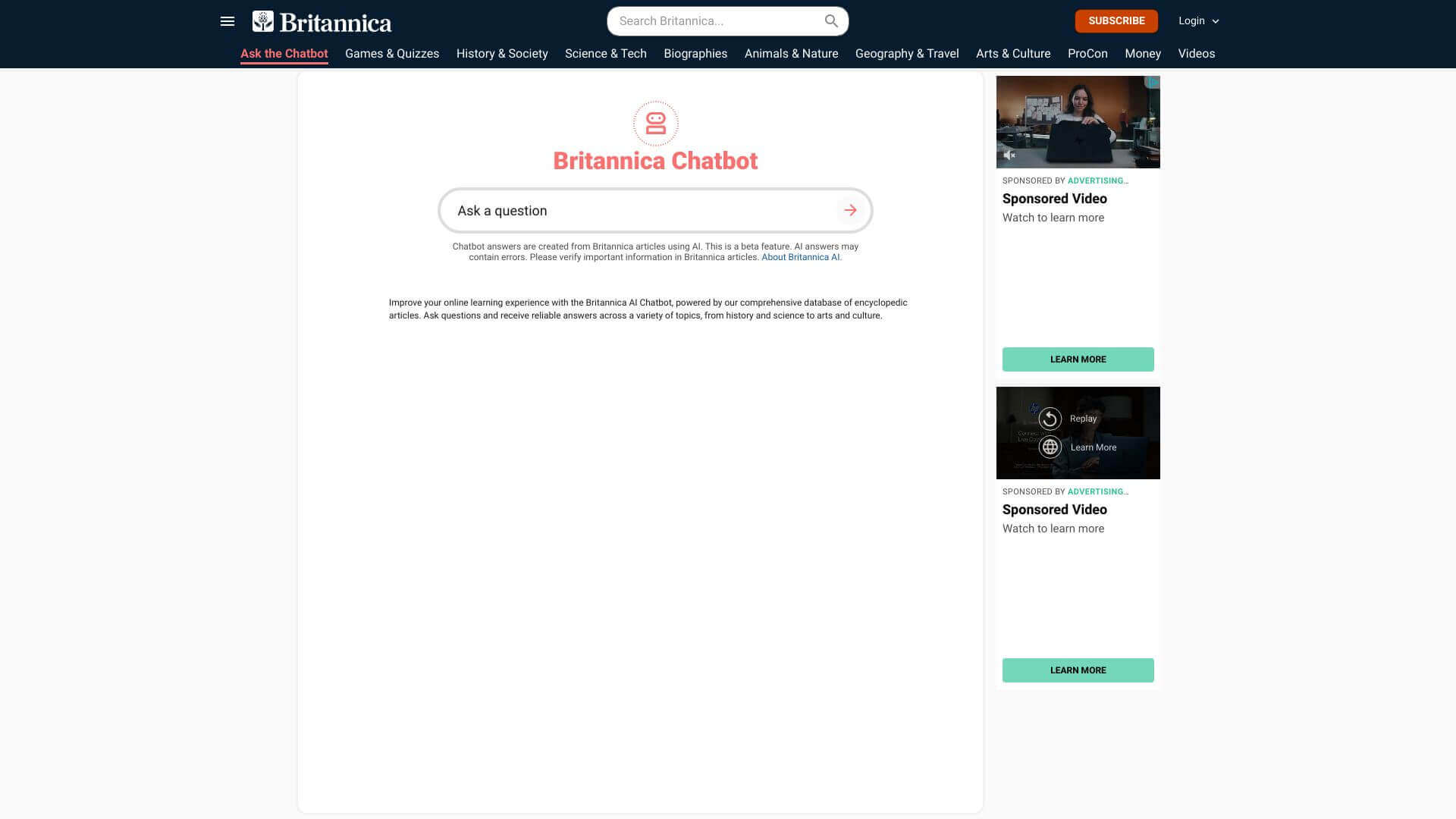Britannica AI Chatbot screenshot