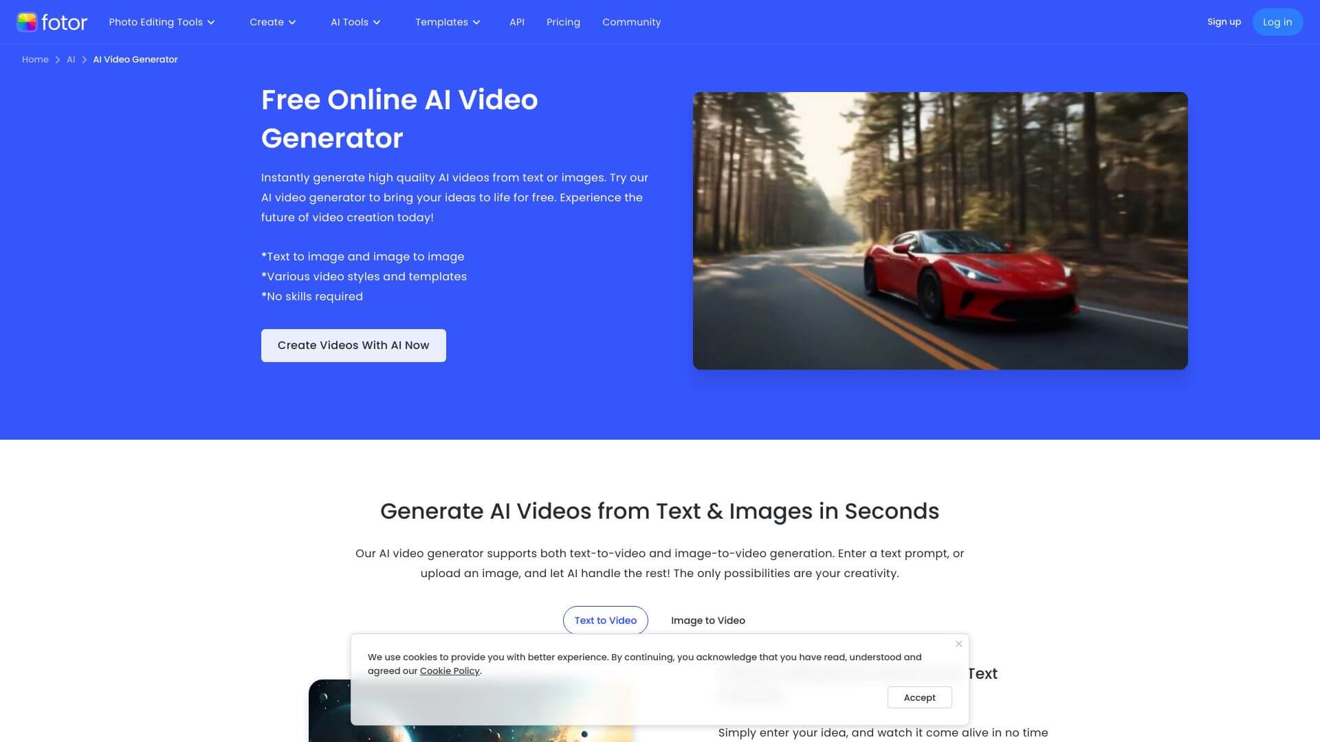 Fotor Free AI Video Generator screenshot
