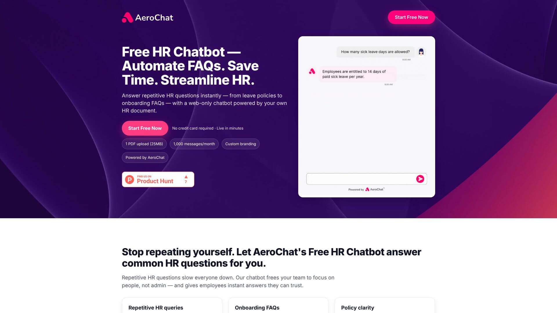 Free HR Chatbot by AeroChat screenshot