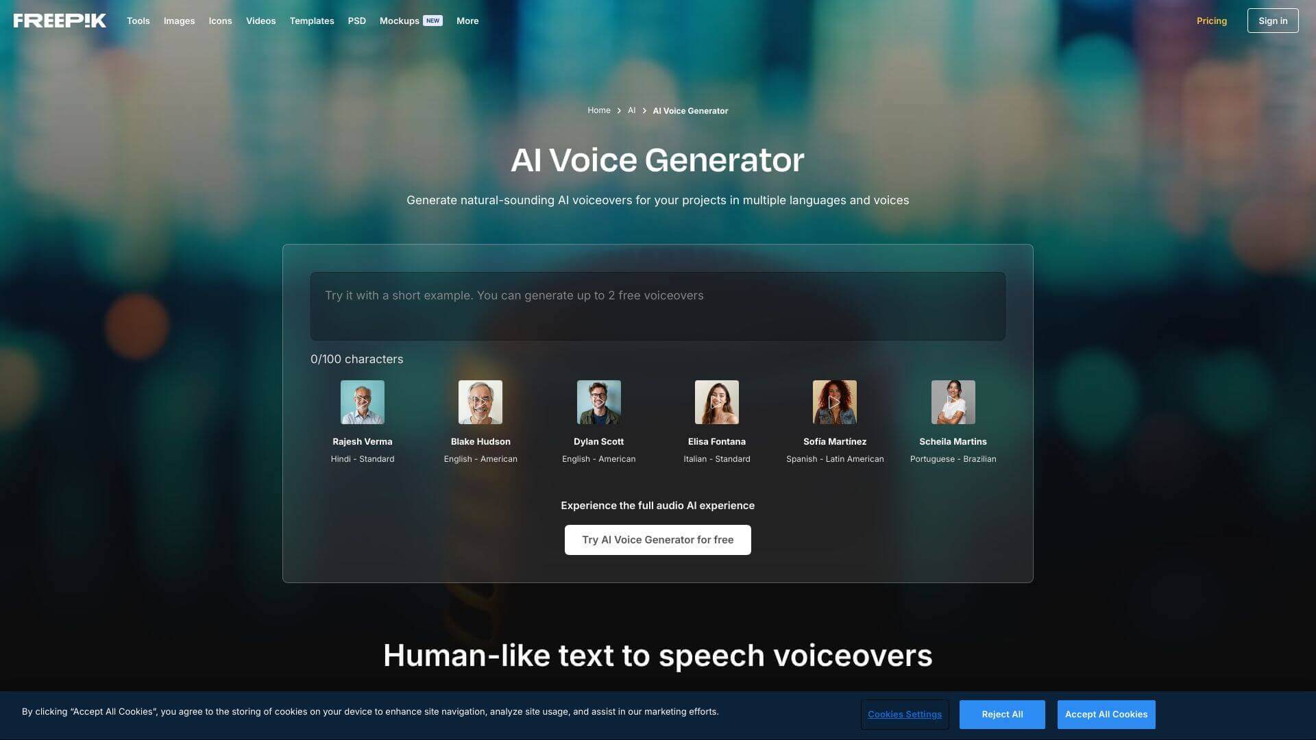 Freepik AI Voice Generator screenshot