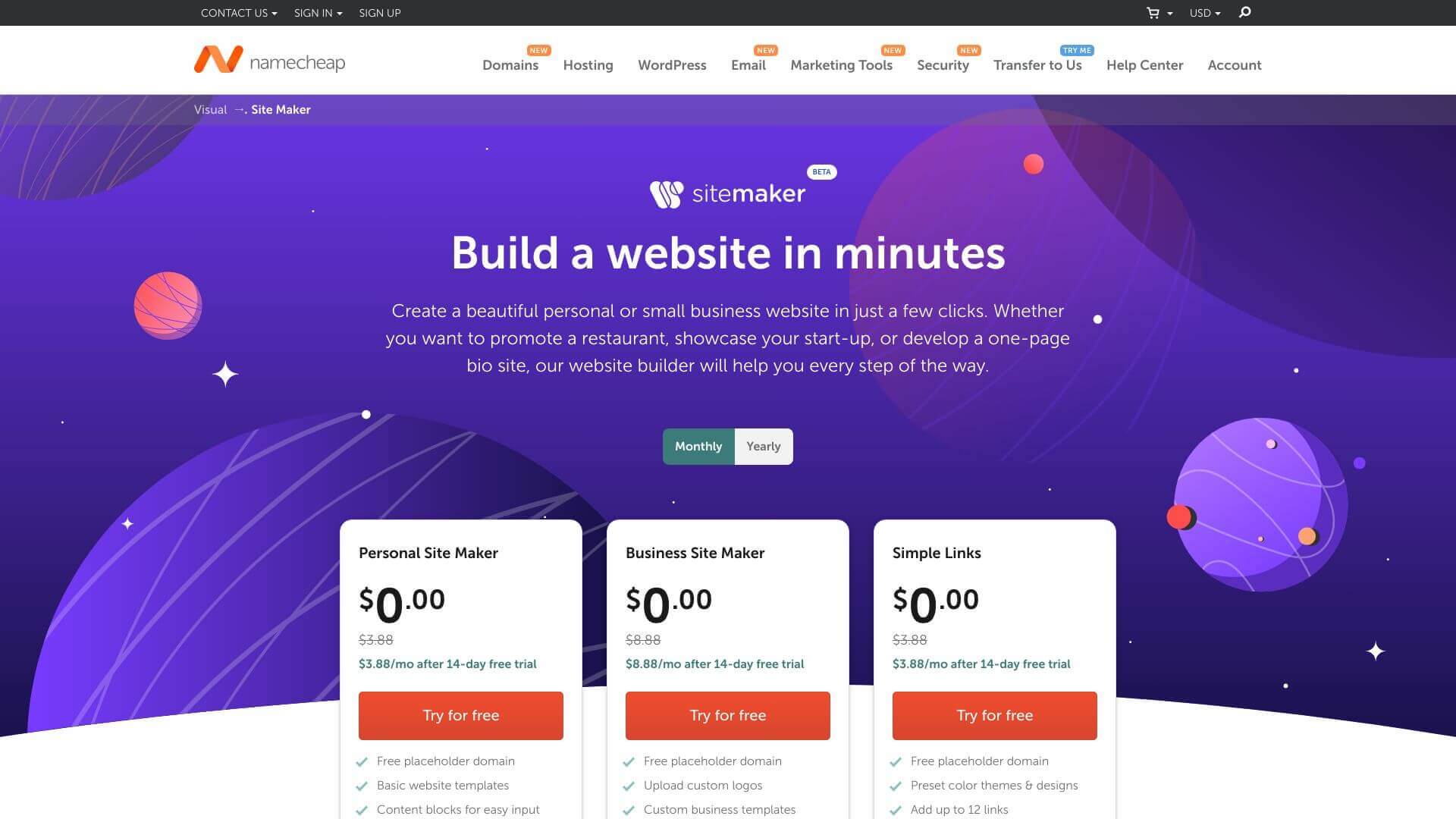 Namecheap Site Maker screenshot