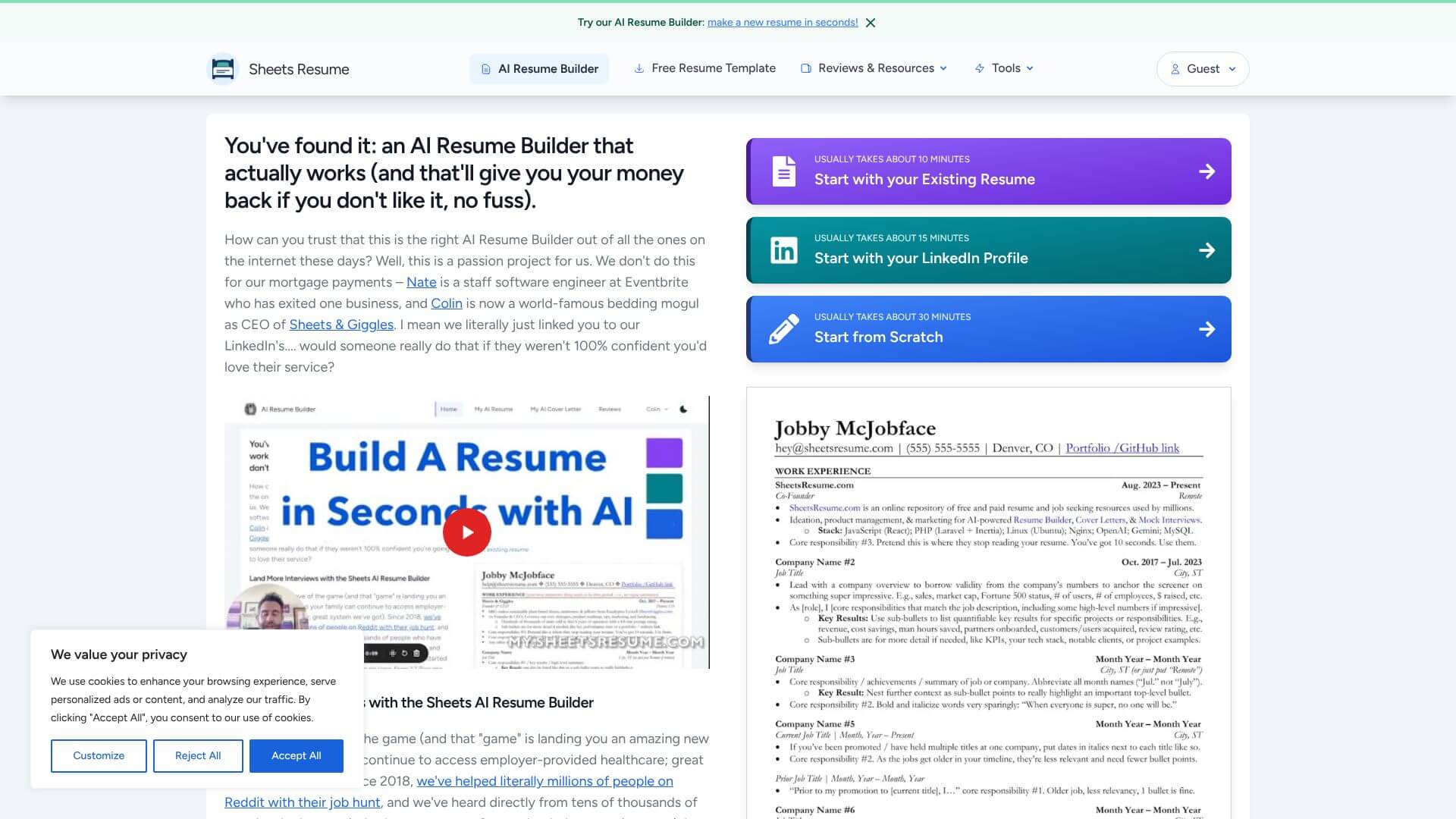 Sheets AI Resume Builder screenshot